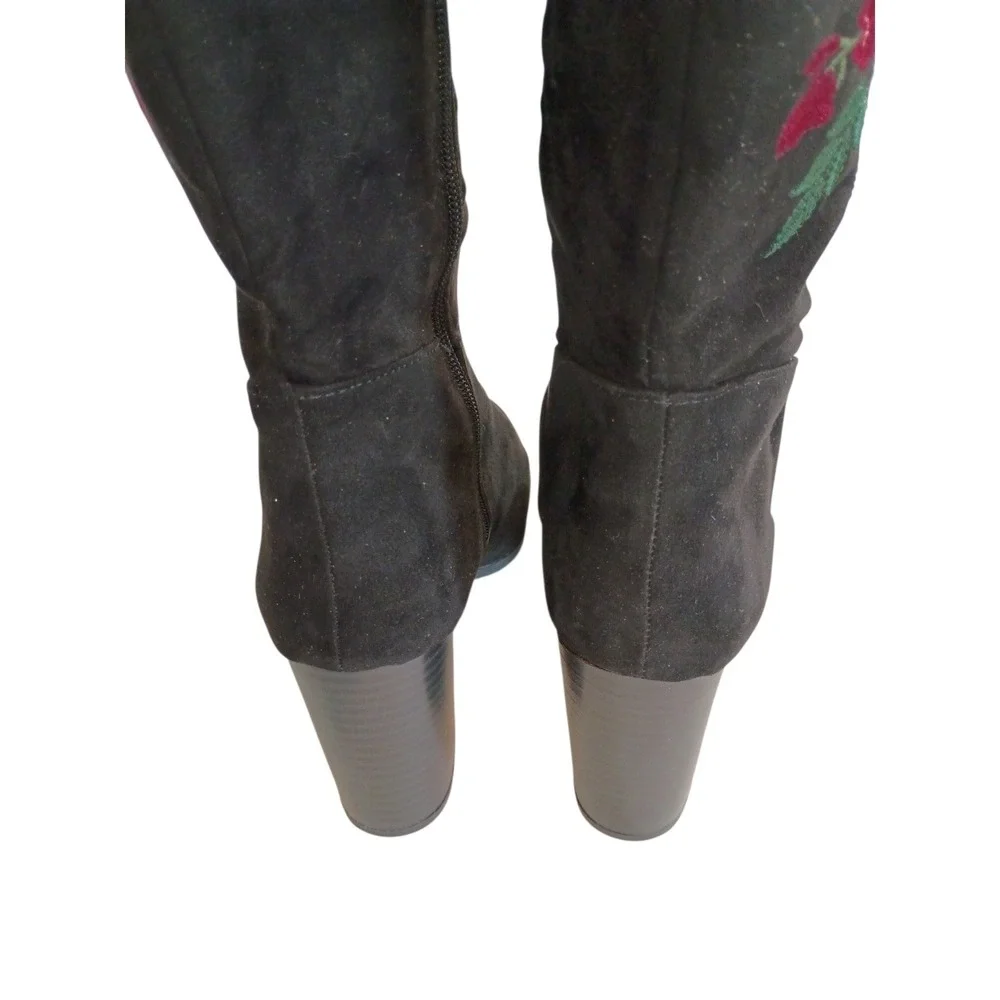Libby Edelman Black Faux Suede Floral Embroidered Knee High Block Heel Boots 8.5